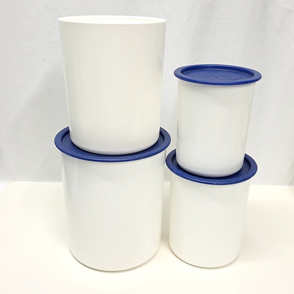 Tupperware‎ Canister Set White Blue Vintage 4 Piece Nesting Kitchen Storage Vtg